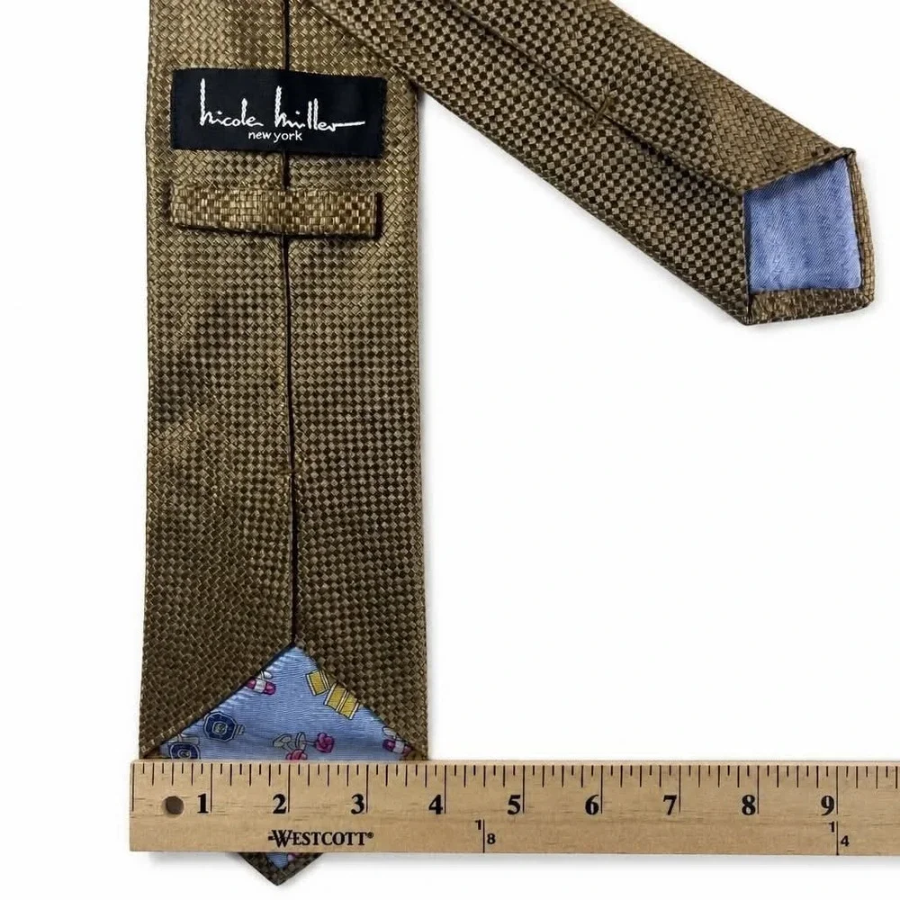 Nicole Miller Silk Tie Mens Gold Bronze Woven Basketweave Novelty Perfume Lining